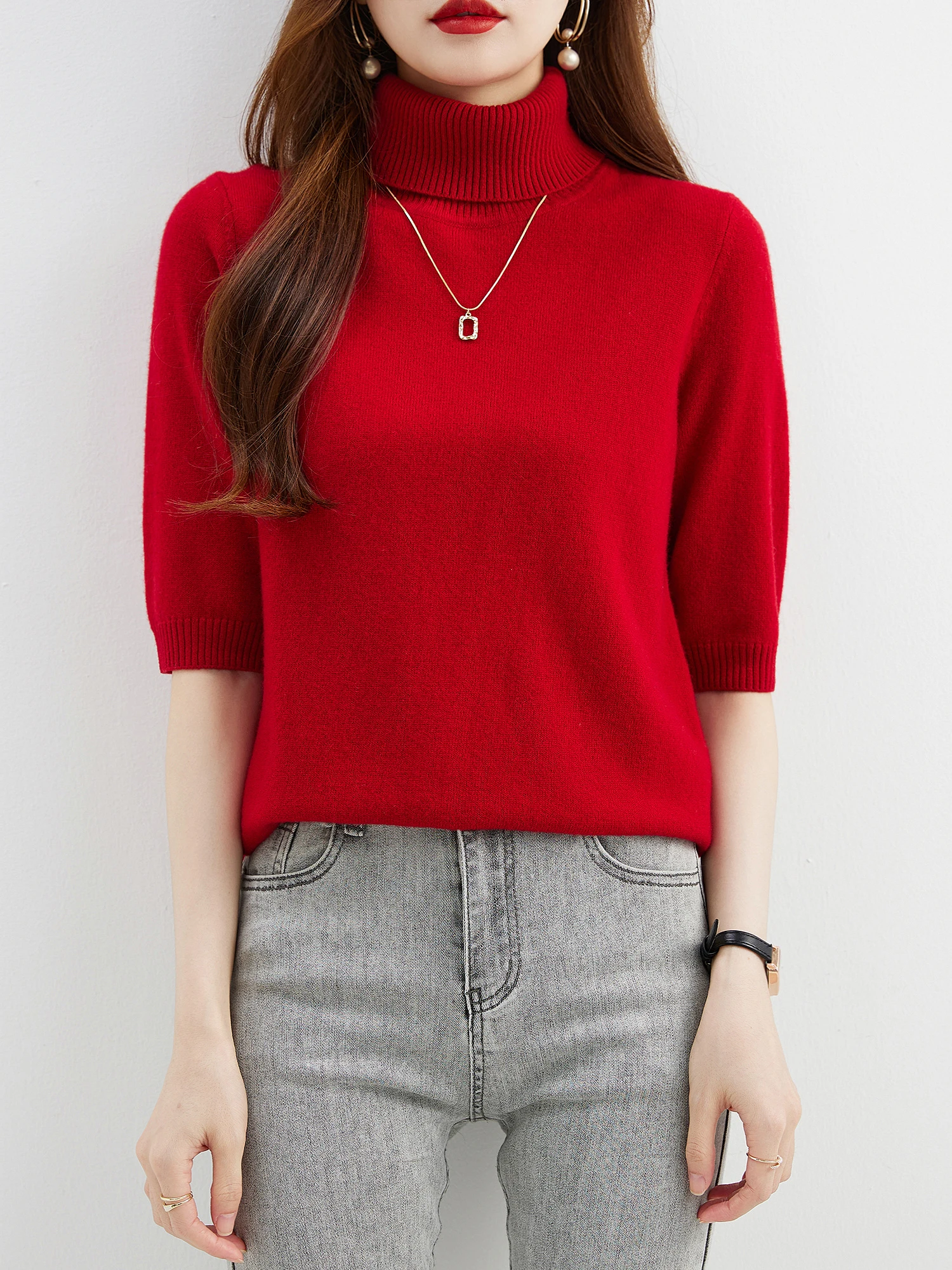 Fashion Turtleneck Women's Sweater 100% Merino Wool Short Sleeve Tops Summer Fall Sweater Knit Pullovers Jerseys Female Clothing