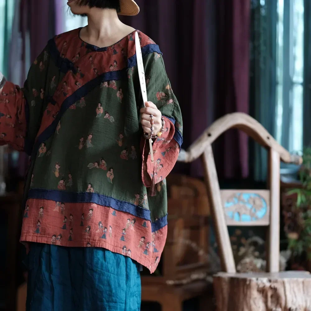 100% Cotton Women Long Sleeve Casual T-shirts New 2025 Spring Chinese Style O-neck Print Loose Oversized Female Tops Tees M519