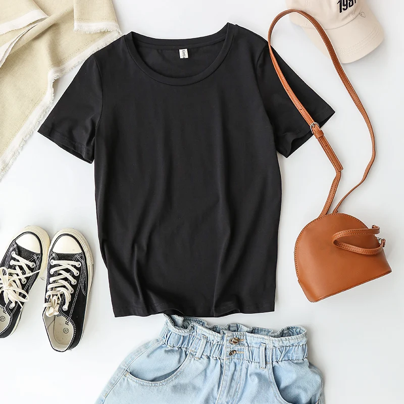 94% Cotton Summer Fashion Women T Shirt Basic O-Neck Girls Tops Black Tee Shirt Femme Camisetas De Mujer M30146
