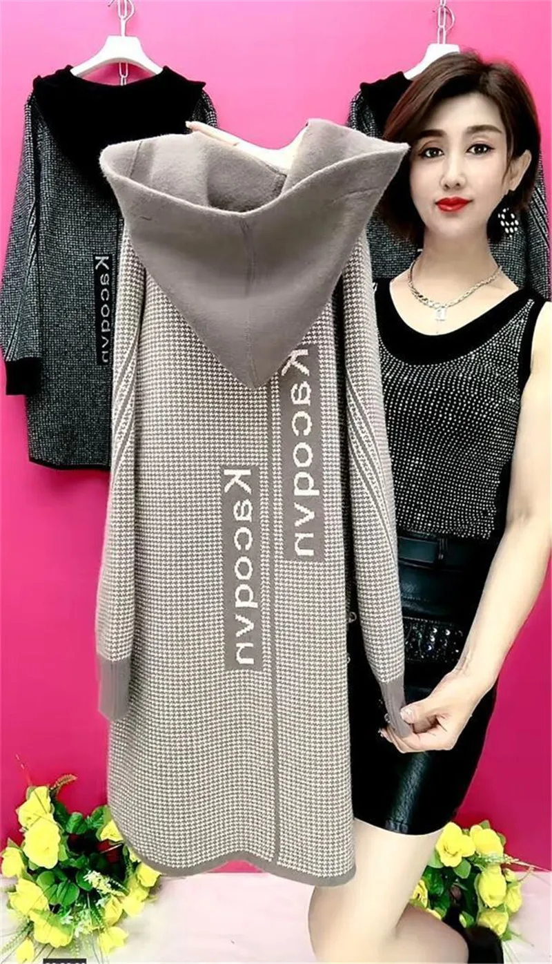 Mother's Spring Autumn Coat Female With Long Foreign Hnitted Hooded Jackets For Middle-Aged Elderly Women's Cardigan Outerwear