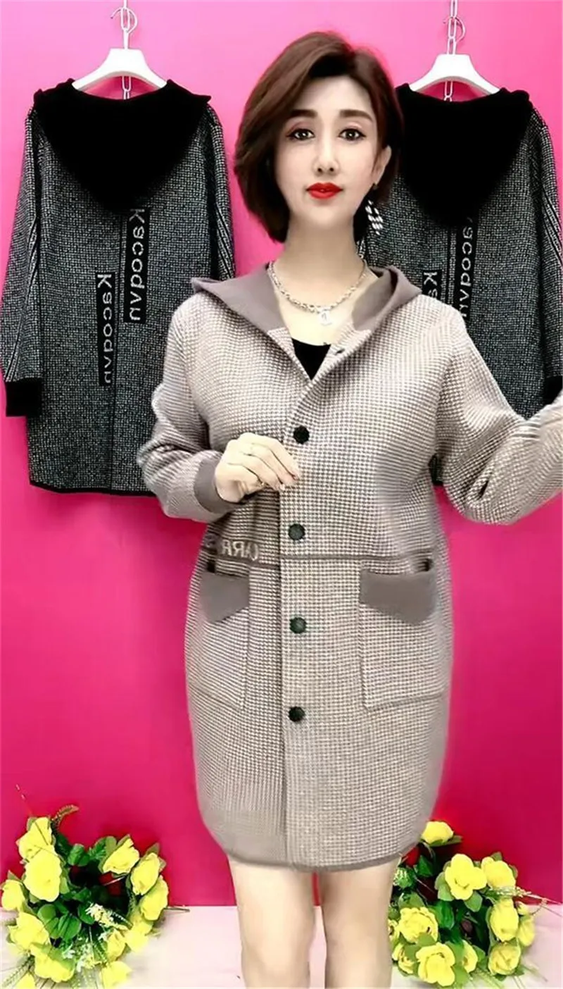 Mother's Spring Autumn Coat Female With Long Foreign Hnitted Hooded Jackets For Middle-Aged Elderly Women's Cardigan Outerwear
