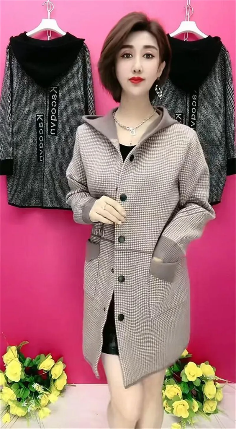 Mother's Spring Autumn Coat Female With Long Foreign Hnitted Hooded Jackets For Middle-Aged Elderly Women's Cardigan Outerwear