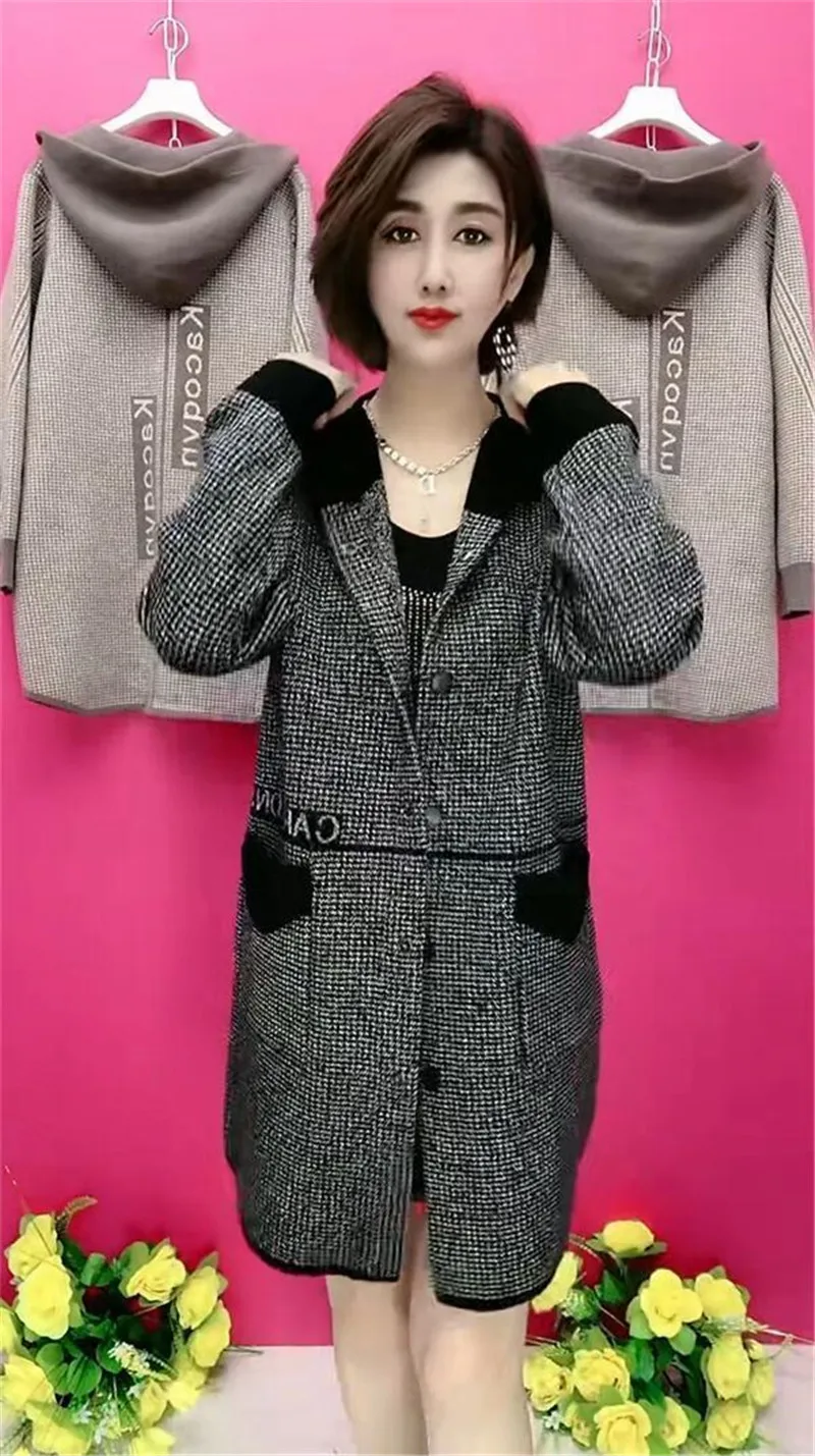 Mother's Spring Autumn Coat Female With Long Foreign Hnitted Hooded Jackets For Middle-Aged Elderly Women's Cardigan Outerwear