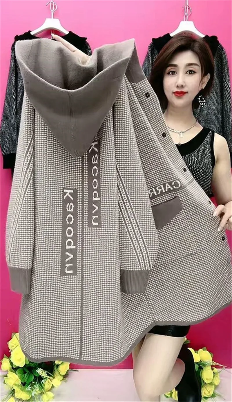 Mother's Spring Autumn Coat Female With Long Foreign Hnitted Hooded Jackets For Middle-Aged Elderly Women's Cardigan Outerwear