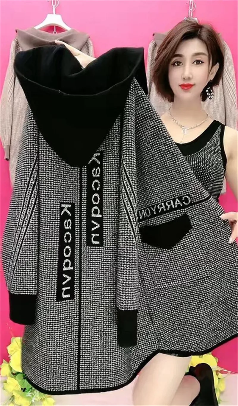 Mother's Spring Autumn Coat Female With Long Foreign Hnitted Hooded Jackets For Middle-Aged Elderly Women's Cardigan Outerwear