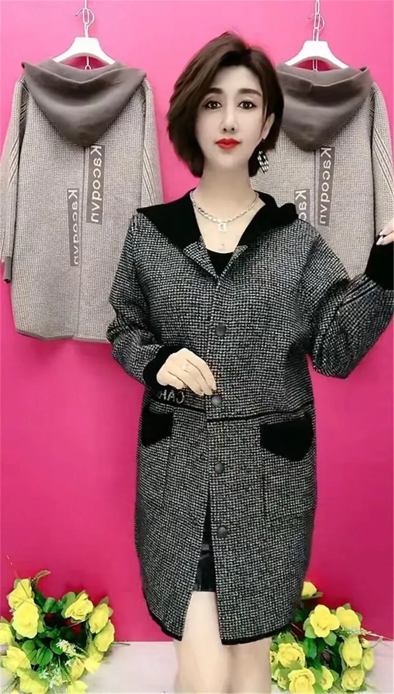 Mother's Spring Autumn Coat Female With Long Foreign Hnitted Hooded Jackets For Middle-Aged Elderly Women's Cardigan Outerwear