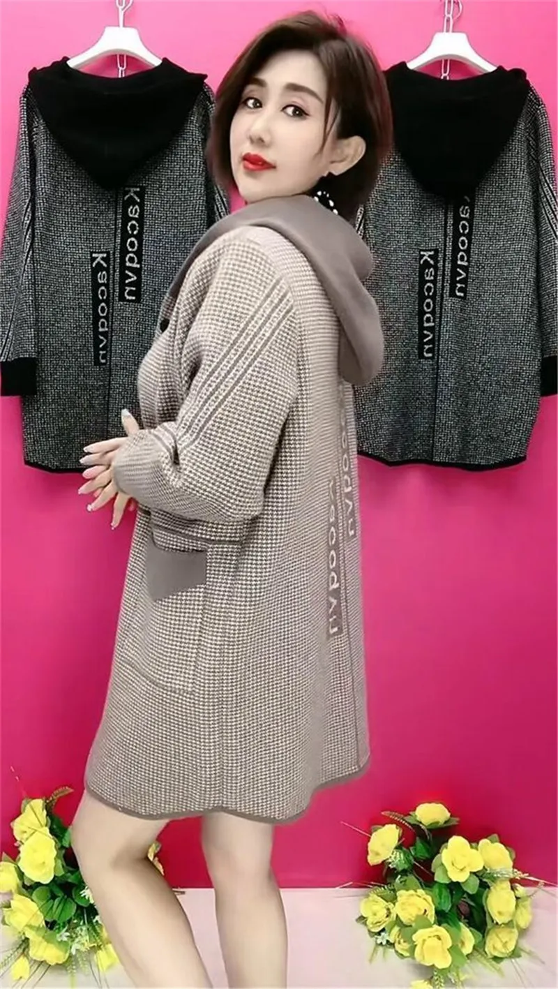Mother's Spring Autumn Coat Female With Long Foreign Hnitted Hooded Jackets For Middle-Aged Elderly Women's Cardigan Outerwear