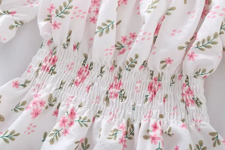 Sweet Broken Flower Slash Neck Women Blouse Agaric Edge Pleat Design Slim Elastic Waist Cropped Top Cute Chiffon T-shirt Summer