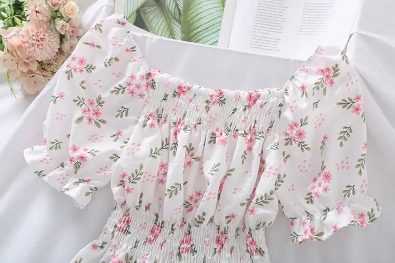 Sweet Broken Flower Slash Neck Women Blouse Agaric Edge Pleat Design Slim Elastic Waist Cropped Top Cute Chiffon T-shirt Summer