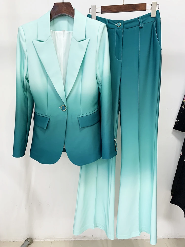 HIGH STREET Newest Fashion 2026 Designer Suit Set Women's Gradient Color Printed Single Button Blazer Flare Pants Suit 2pcs
