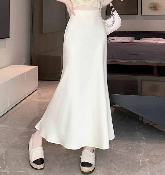 Summer Satin Skirt 2026 Women's Long Skirt Silk High Waisted Slim Fashion Korean Solid Champagne Black Midi Skirts for Women