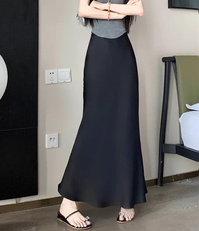 Summer Satin Skirt 2026 Women's Long Skirt Silk High Waisted Slim Fashion Korean Solid Champagne Black Midi Skirts for Women