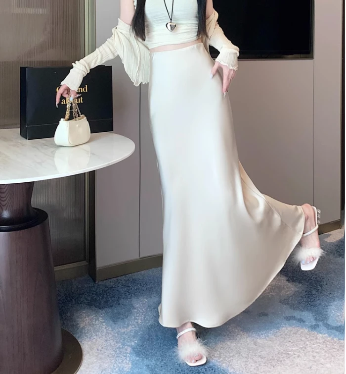 Summer Satin Skirt 2026 Women's Long Skirt Silk High Waisted Slim Fashion Korean Solid Champagne Black Midi Skirts for Women