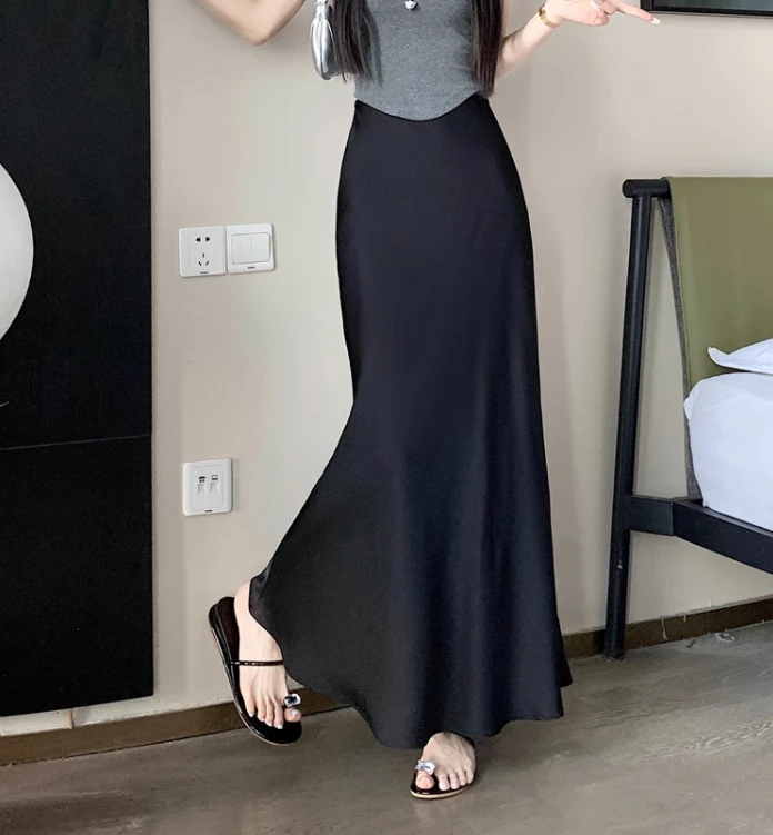Summer Satin Skirt 2026 Women's Long Skirt Silk High Waisted Slim Fashion Korean Solid Champagne Black Midi Skirts for Women