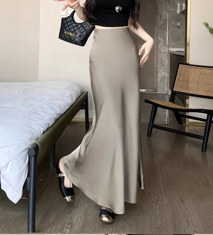 Summer Satin Skirt 2026 Women's Long Skirt Silk High Waisted Slim Fashion Korean Solid Champagne Black Midi Skirts for Women