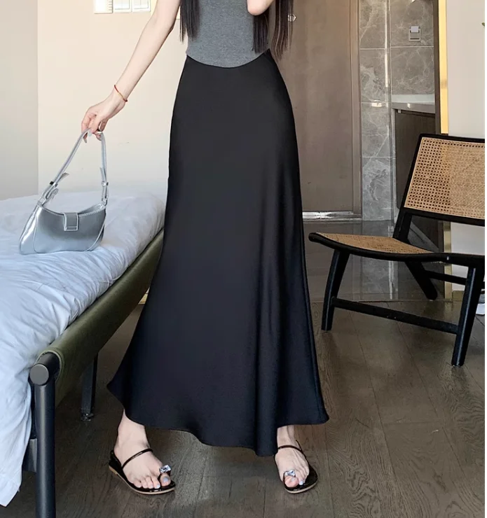 Summer Satin Skirt 2026 Women's Long Skirt Silk High Waisted Slim Fashion Korean Solid Champagne Black Midi Skirts for Women