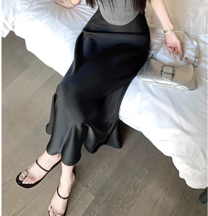 Summer Satin Skirt 2026 Women's Long Skirt Silk High Waisted Slim Fashion Korean Solid Champagne Black Midi Skirts for Women