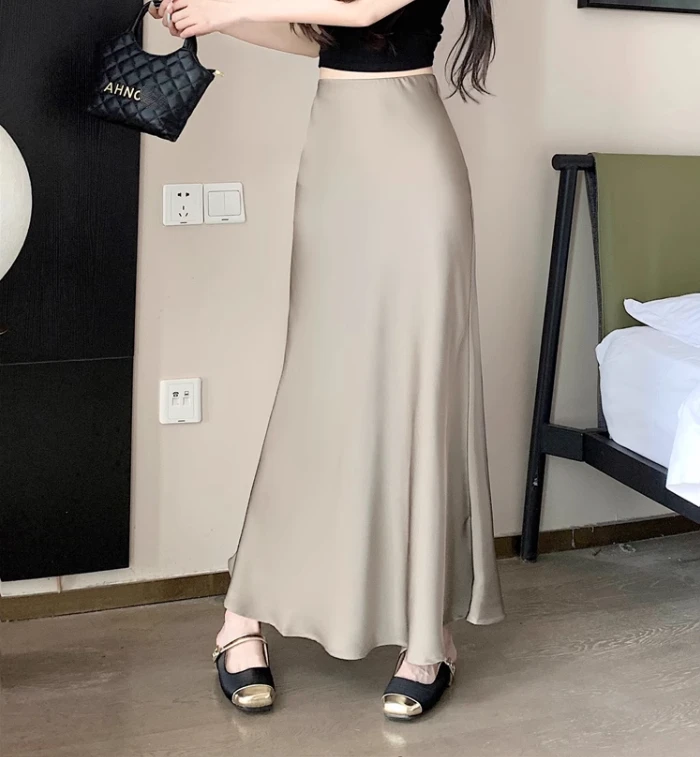 Summer Satin Skirt 2026 Women's Long Skirt Silk High Waisted Slim Fashion Korean Solid Champagne Black Midi Skirts for Women