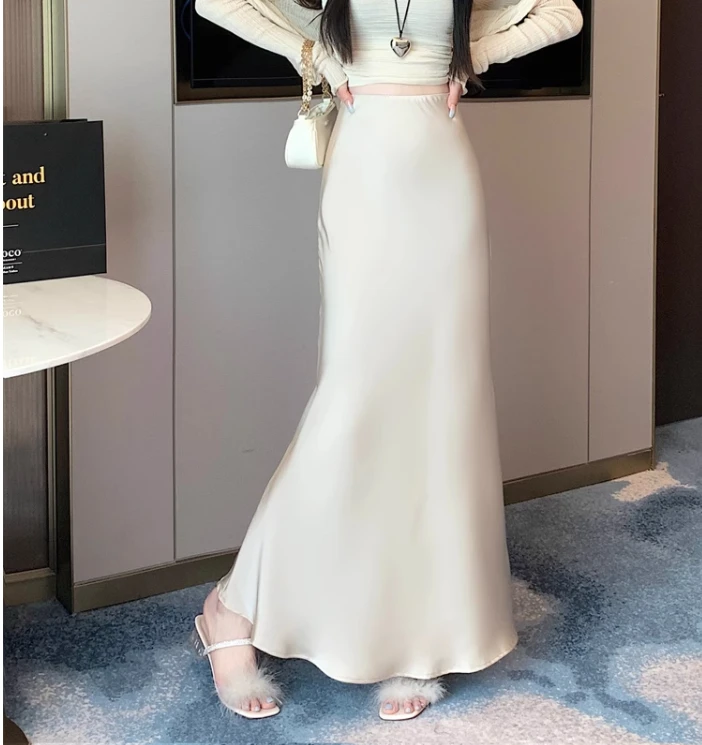 Summer Satin Skirt 2026 Women's Long Skirt Silk High Waisted Slim Fashion Korean Solid Champagne Black Midi Skirts for Women