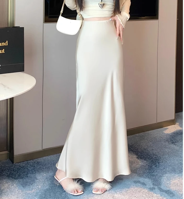 Summer Satin Skirt 2026 Women's Long Skirt Silk High Waisted Slim Fashion Korean Solid Champagne Black Midi Skirts for Women