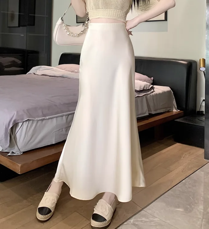 Summer Satin Skirt 2026 Women's Long Skirt Silk High Waisted Slim Fashion Korean Solid Champagne Black Midi Skirts for Women
