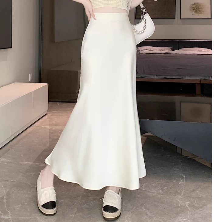Summer Satin Skirt 2026 Women's Long Skirt Silk High Waisted Slim Fashion Korean Solid Champagne Black Midi Skirts for Women