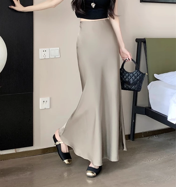 Summer Satin Skirt 2026 Women's Long Skirt Silk High Waisted Slim Fashion Korean Solid Champagne Black Midi Skirts for Women