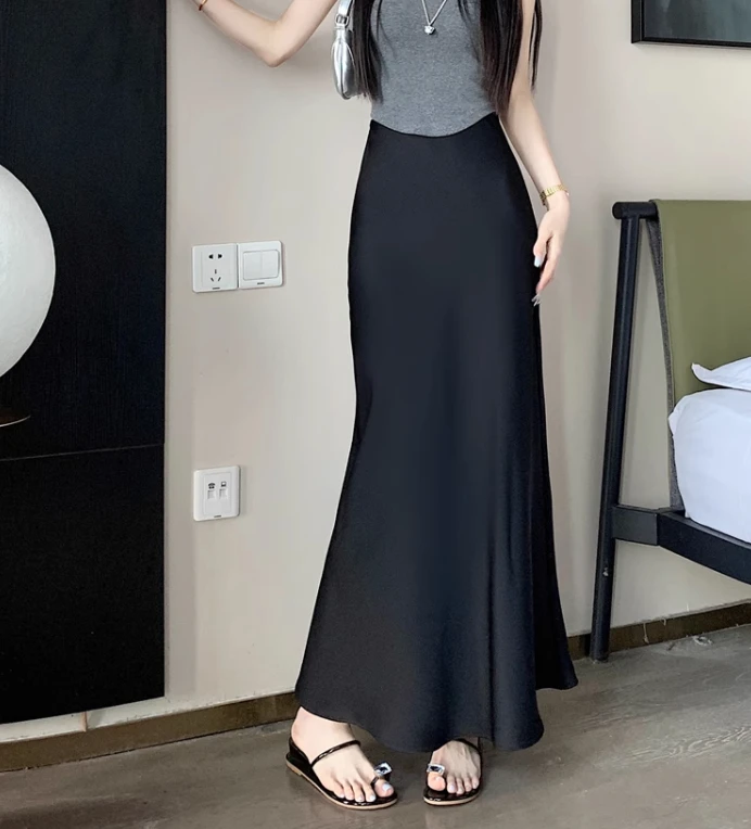 Summer Satin Skirt 2026 Women's Long Skirt Silk High Waisted Slim Fashion Korean Solid Champagne Black Midi Skirts for Women
