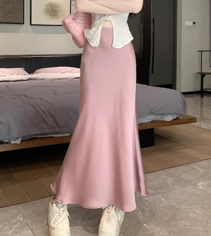 Summer Satin Skirt 2026 Women's Long Skirt Silk High Waisted Slim Fashion Korean Solid Champagne Black Midi Skirts for Women