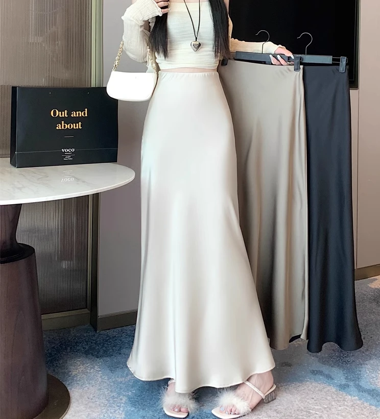 Summer Satin Skirt 2026 Women's Long Skirt Silk High Waisted Slim Fashion Korean Solid Champagne Black Midi Skirts for Women