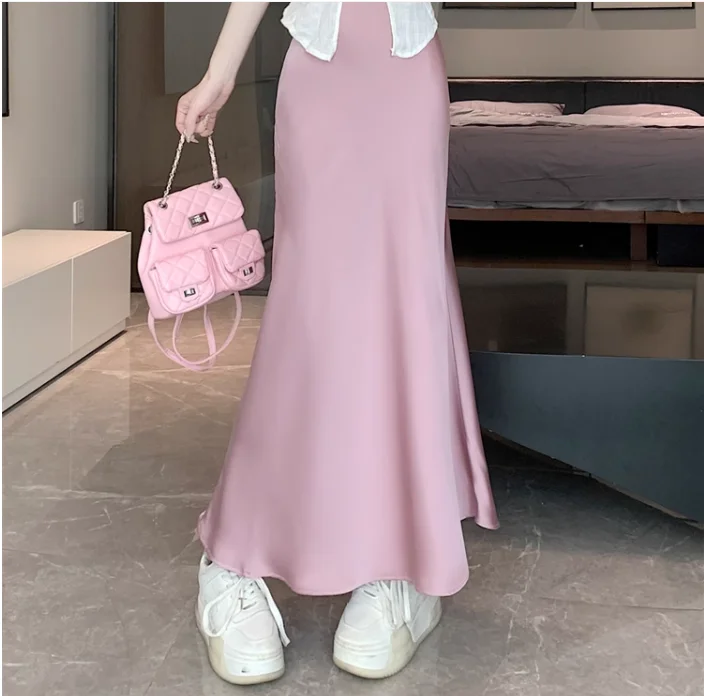Summer Satin Skirt 2026 Women's Long Skirt Silk High Waisted Slim Fashion Korean Solid Champagne Black Midi Skirts for Women