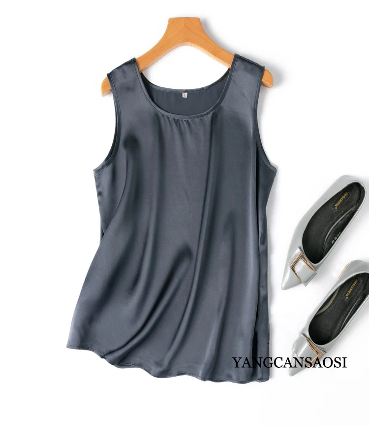 2024 Women's Fashion Spring/Summer New 100%Natural Mulberry Silk Plain Satin Round Neck Sleeveless Solid Color Versatile Vest