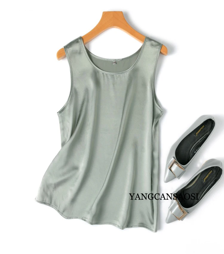 2024 Women's Fashion Spring/Summer New 100%Natural Mulberry Silk Plain Satin Round Neck Sleeveless Solid Color Versatile Vest