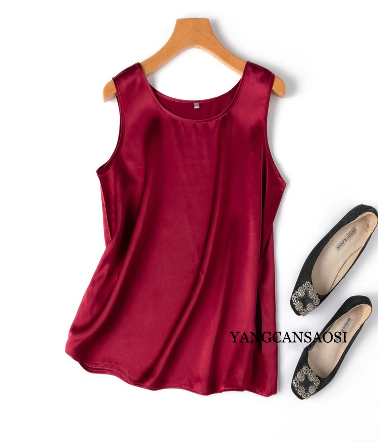 2024 Women's Fashion Spring/Summer New 100%Natural Mulberry Silk Plain Satin Round Neck Sleeveless Solid Color Versatile Vest