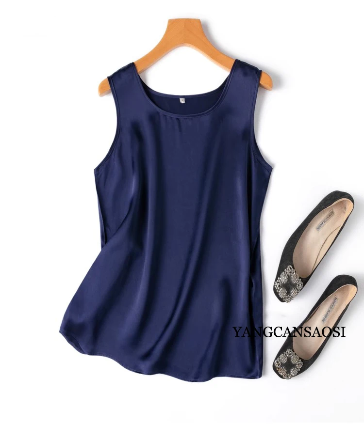 2024 Women's Fashion Spring/Summer New 100%Natural Mulberry Silk Plain Satin Round Neck Sleeveless Solid Color Versatile Vest