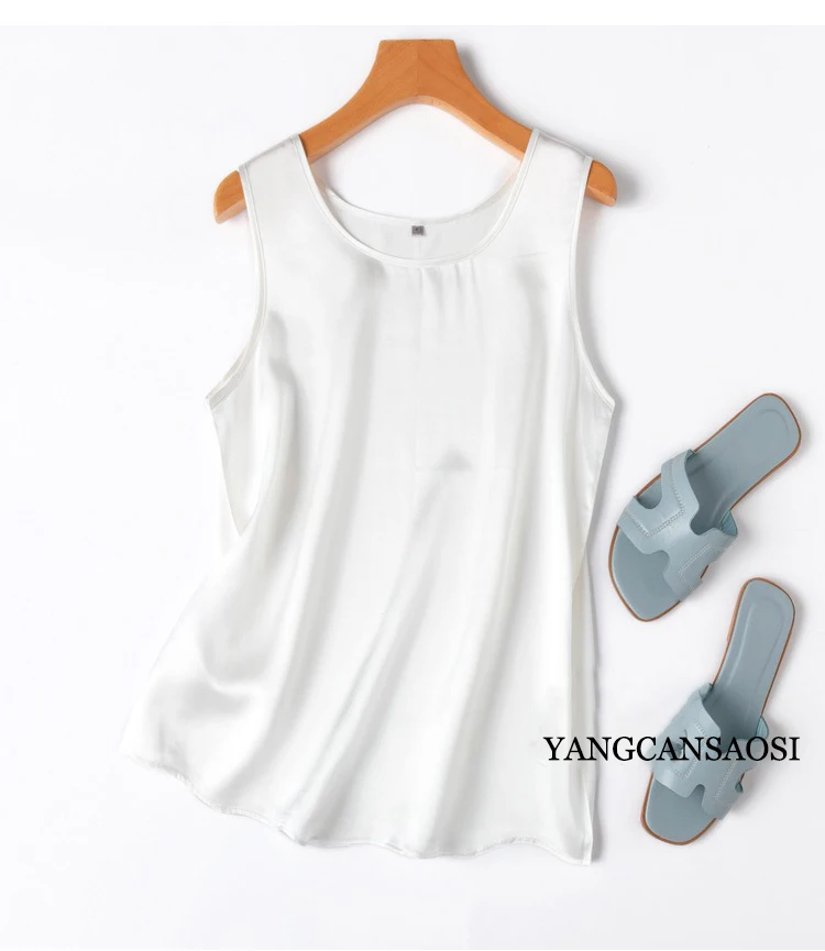 2024 Women's Fashion Spring/Summer New 100%Natural Mulberry Silk Plain Satin Round Neck Sleeveless Solid Color Versatile Vest