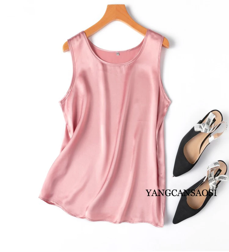 2024 Women's Fashion Spring/Summer New 100%Natural Mulberry Silk Plain Satin Round Neck Sleeveless Solid Color Versatile Vest
