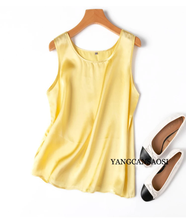 2024 Women's Fashion Spring/Summer New 100%Natural Mulberry Silk Plain Satin Round Neck Sleeveless Solid Color Versatile Vest
