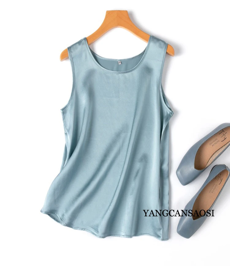 2024 Women's Fashion Spring/Summer New 100%Natural Mulberry Silk Plain Satin Round Neck Sleeveless Solid Color Versatile Vest