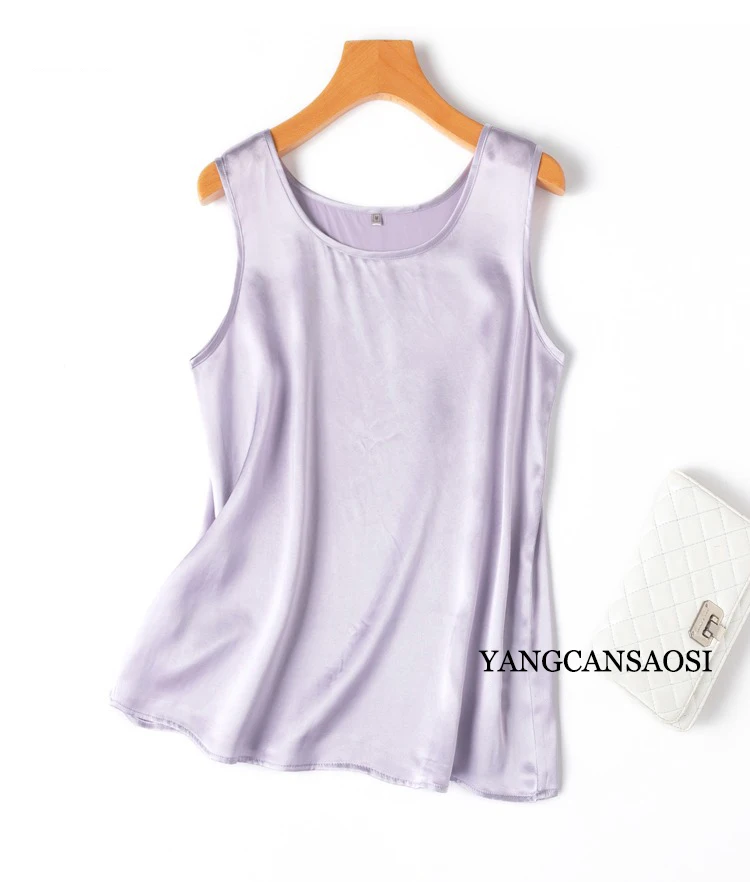 2024 Women's Fashion Spring/Summer New 100%Natural Mulberry Silk Plain Satin Round Neck Sleeveless Solid Color Versatile Vest