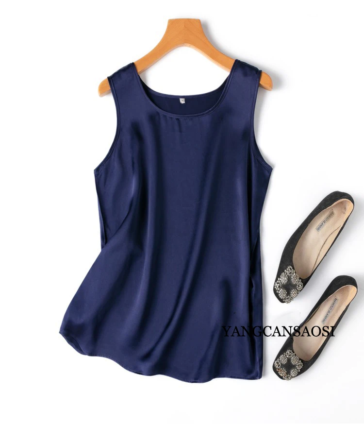 2024 Women's Fashion Spring/Summer New 100%Natural Mulberry Silk Plain Satin Round Neck Sleeveless Solid Color Versatile Vest