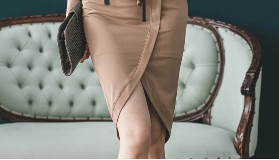 High Waist Tight Office Lady Dress Spring Plain V-Neck 3/4 Sleeves Adjustable Decorative Ruffles Send Belt Elegant Party Dress