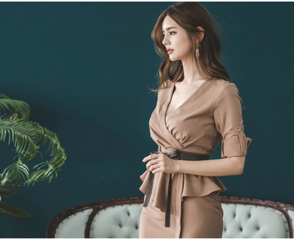 High Waist Tight Office Lady Dress Spring Plain V-Neck 3/4 Sleeves Adjustable Decorative Ruffles Send Belt Elegant Party Dress