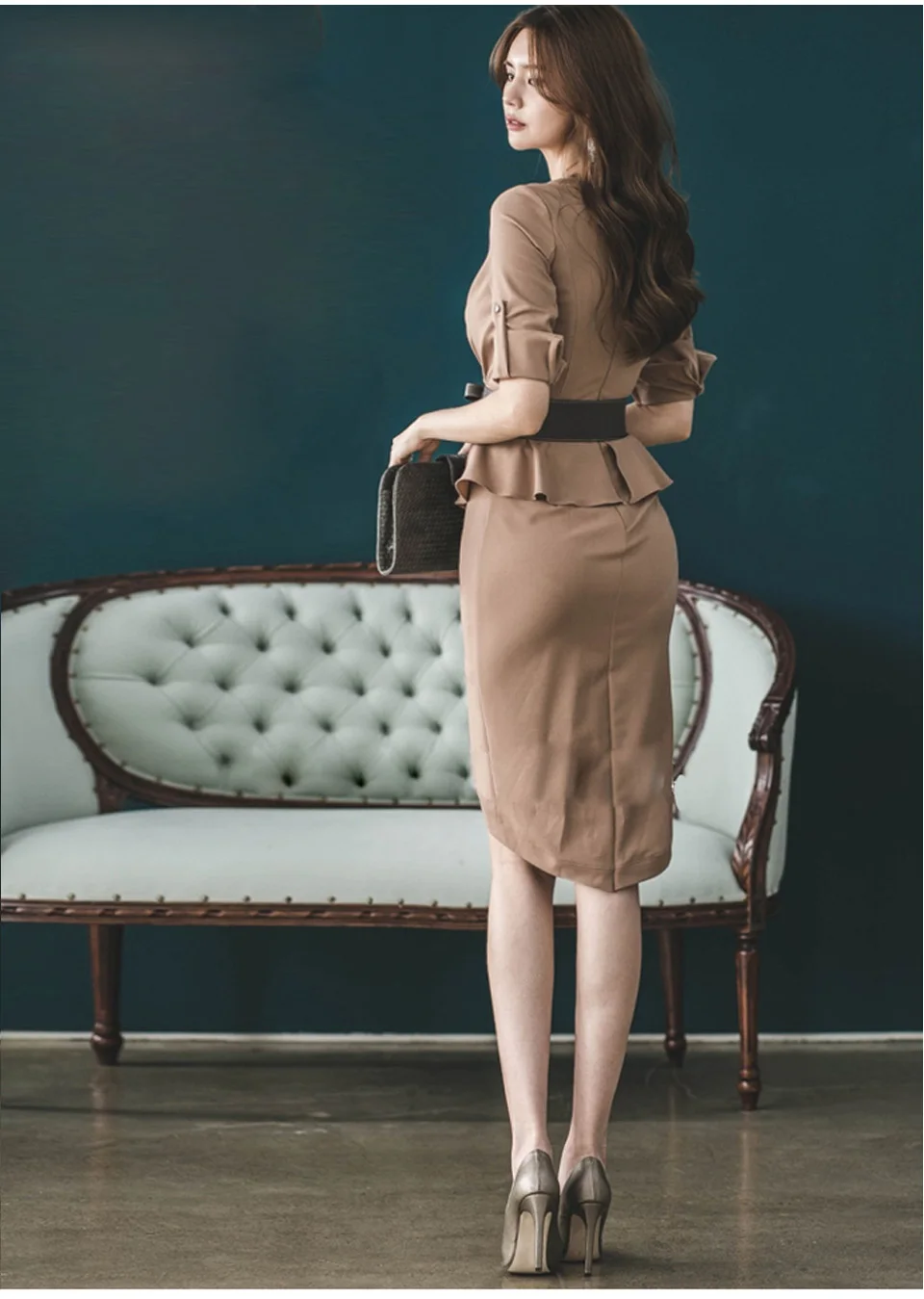 High Waist Tight Office Lady Dress Spring Plain V-Neck 3/4 Sleeves Adjustable Decorative Ruffles Send Belt Elegant Party Dress