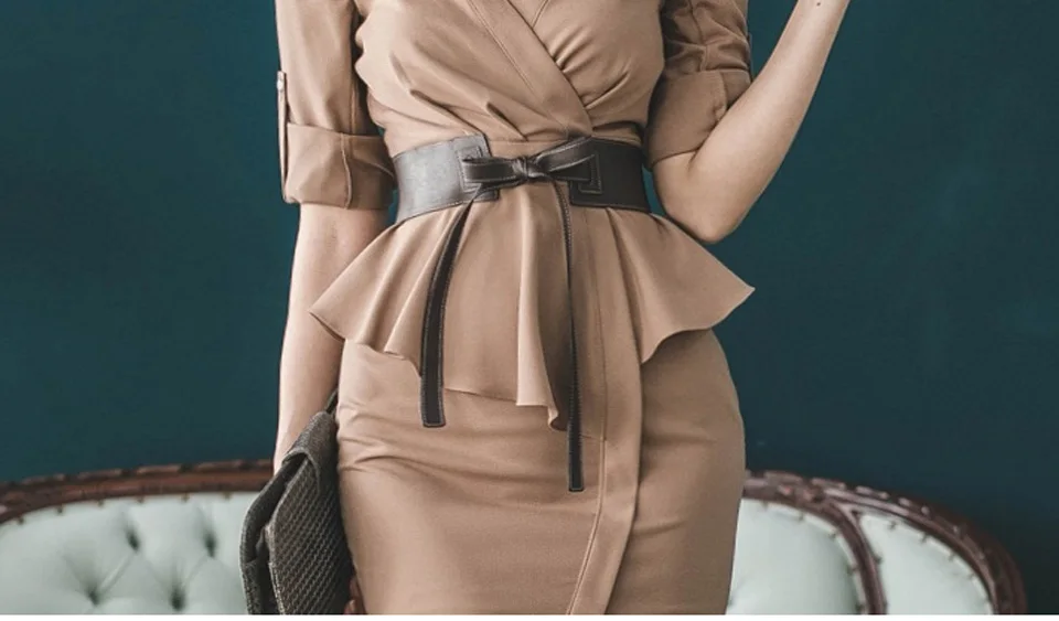 High Waist Tight Office Lady Dress Spring Plain V-Neck 3/4 Sleeves Adjustable Decorative Ruffles Send Belt Elegant Party Dress