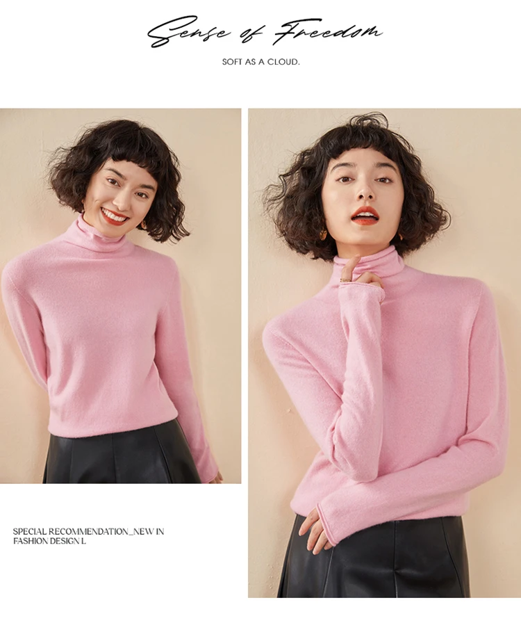 Women's Pullover Autumn/Winter 100% Cashmere Sweater Casual Knitted Sweater High Collar Loose Tops Basic Pile Collar Blouse