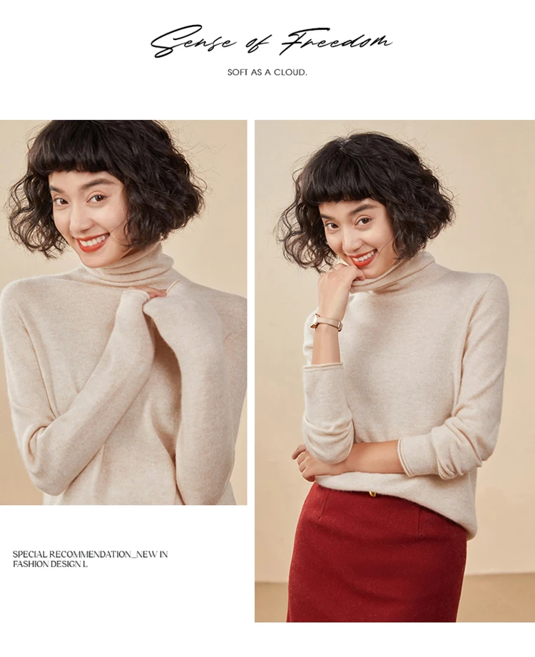 Women's Pullover Autumn/Winter 100% Cashmere Sweater Casual Knitted Sweater High Collar Loose Tops Basic Pile Collar Blouse