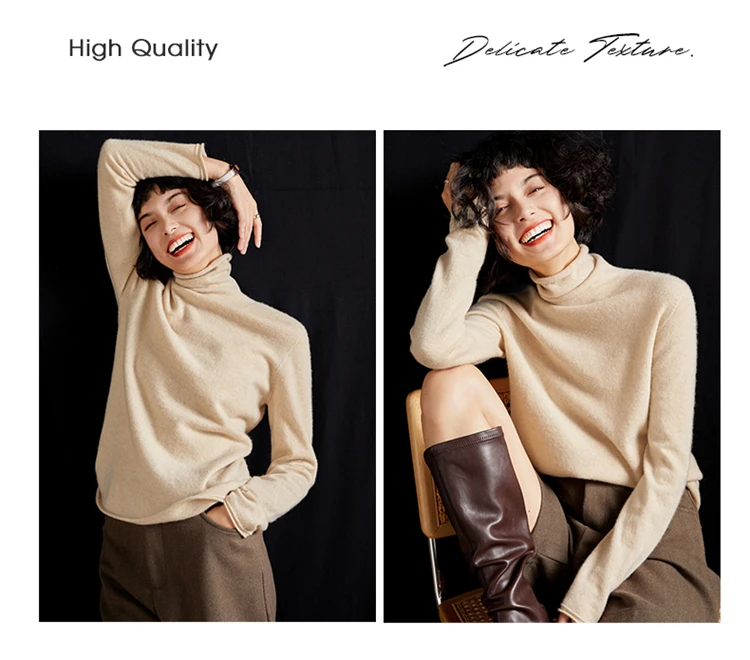 Women's Pullover Autumn/Winter 100% Cashmere Sweater Casual Knitted Sweater High Collar Loose Tops Basic Pile Collar Blouse