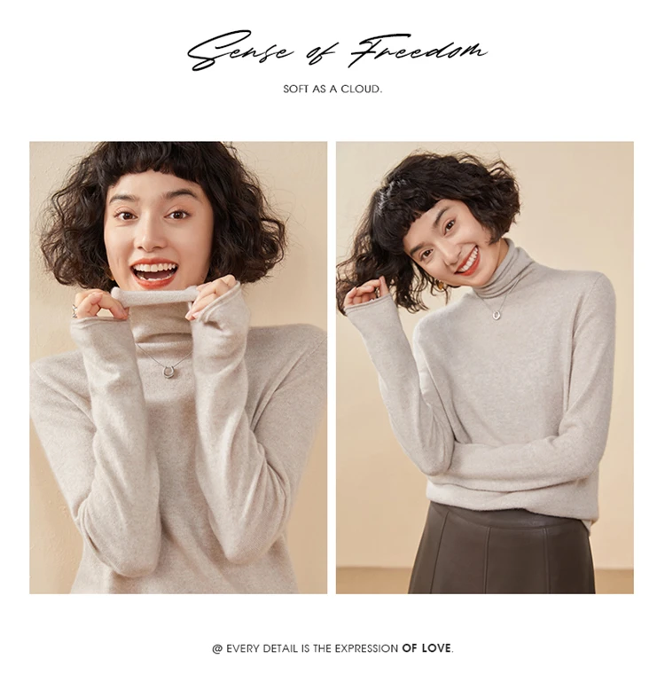 Women's Pullover Autumn/Winter 100% Cashmere Sweater Casual Knitted Sweater High Collar Loose Tops Basic Pile Collar Blouse
