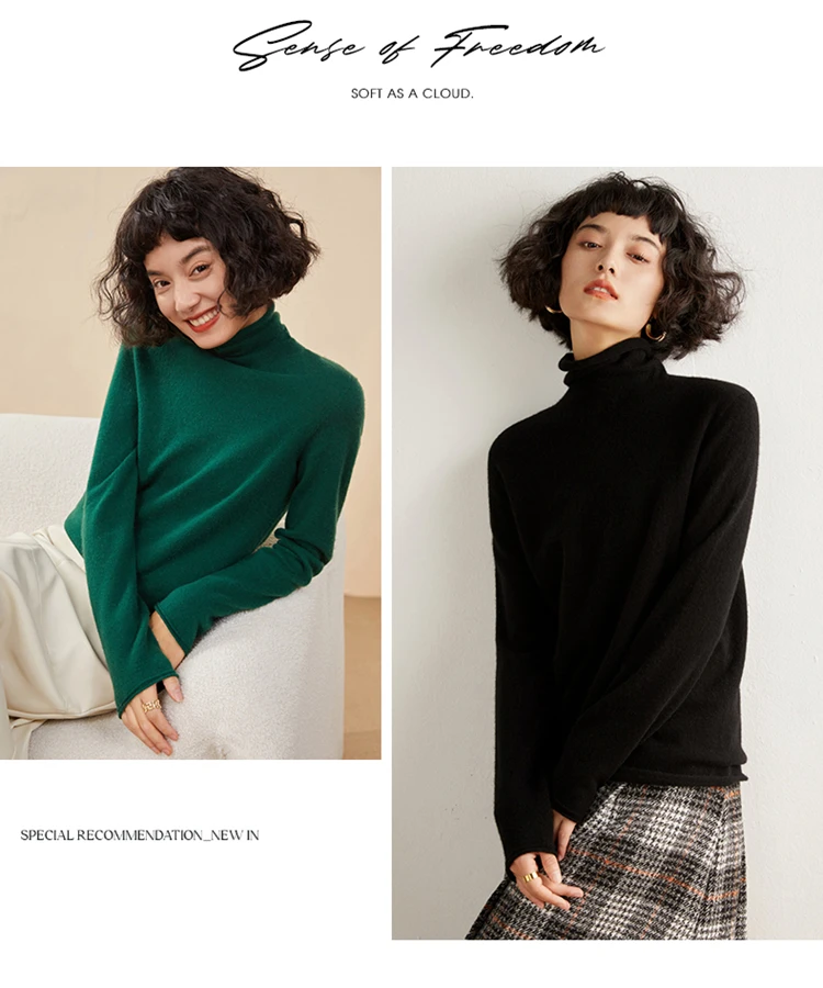 Women's Pullover Autumn/Winter 100% Cashmere Sweater Casual Knitted Sweater High Collar Loose Tops Basic Pile Collar Blouse